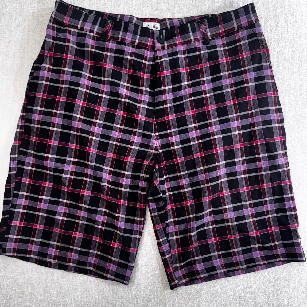 Adidas Mens Plaid Golf Shorts Black Pink Purple Check Size 33 RN 88387 CA 40312